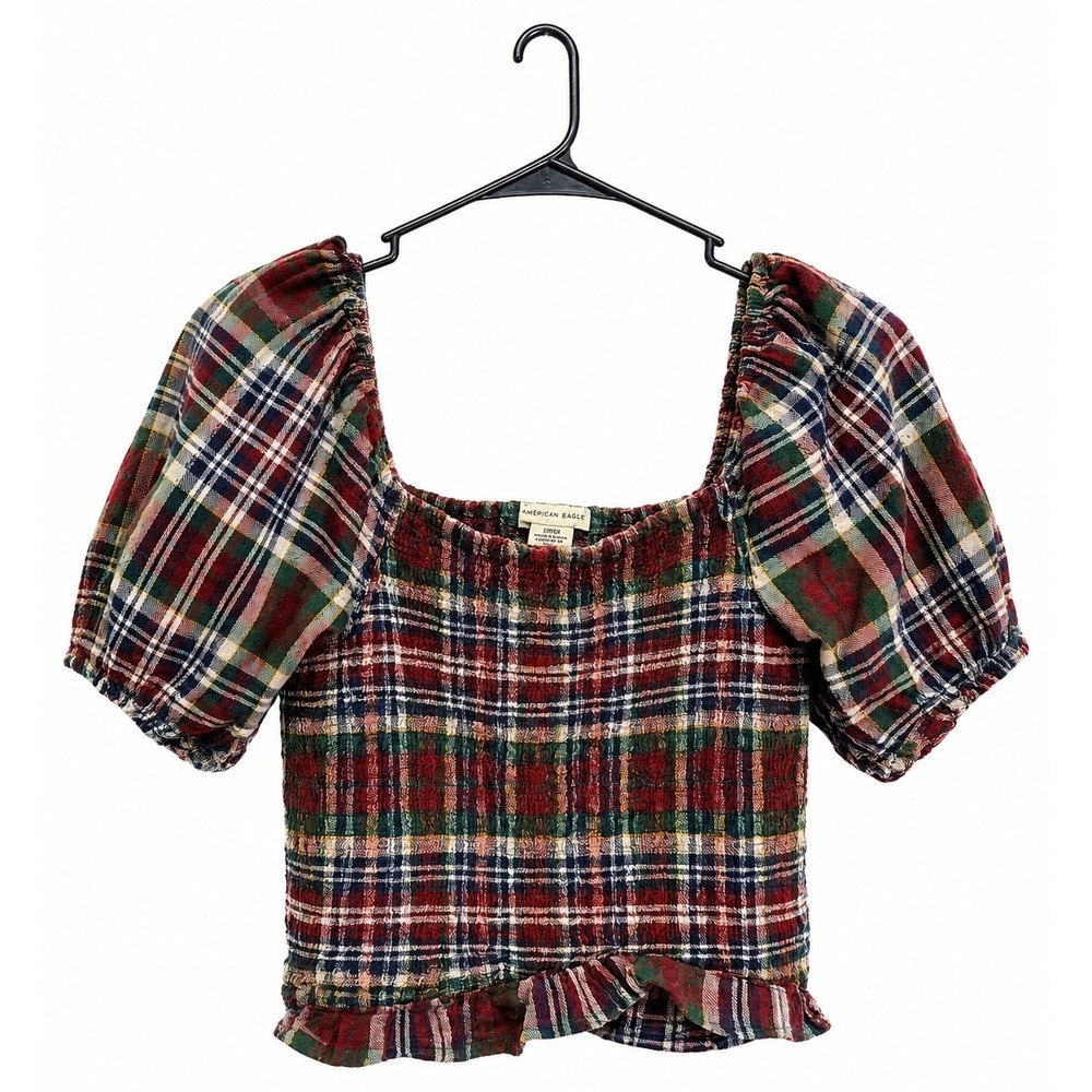 Cottagecore Coquette Festival Y2K Plaid Smocked Crop Top American Eagle Small